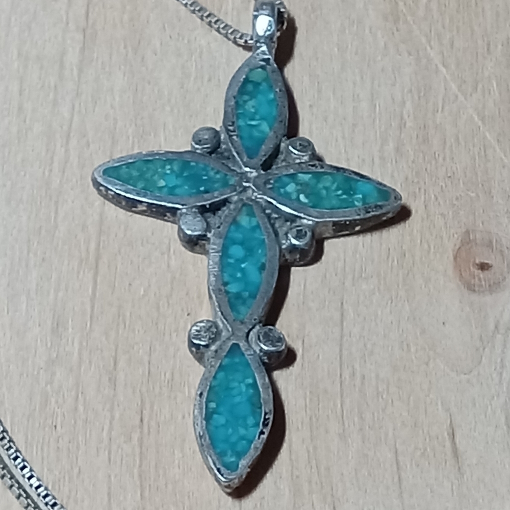 * Vintage zuni native american style crushed turq and sterling silver necklace - Picture 2 of 6